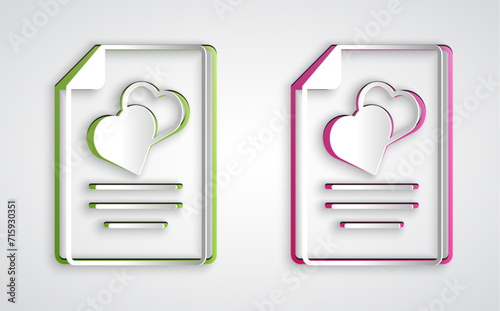 Paper cut Marriage contract icon isolated on grey background. Wedding certificate. Paper art style. Vector