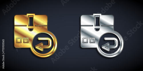 Gold and silver Return cardboard box icon isolated on black background. Box, package, parcel sign. Delivery and packaging. Long shadow style. Vector