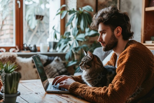 Handsome man working online from home by cat pet accompanied on his laptop photo