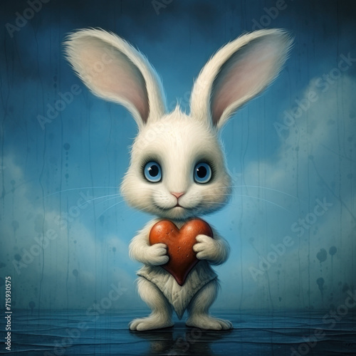 Cute white bunny holding heart, Valentine day or easter holiday greenings card design