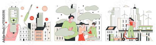 Air quality awareness dark or night mode set. Air quality index and pollution monitoring. Air purifiers devices and mechanisms in urban environments for healthier living. Flat vector illustration