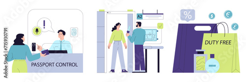 People in the airport set. Characters with a suitcase checking-in on a flight, at the security scanner and passport control. Passenger with baggage. Travel and tourism. Flat vector illustration