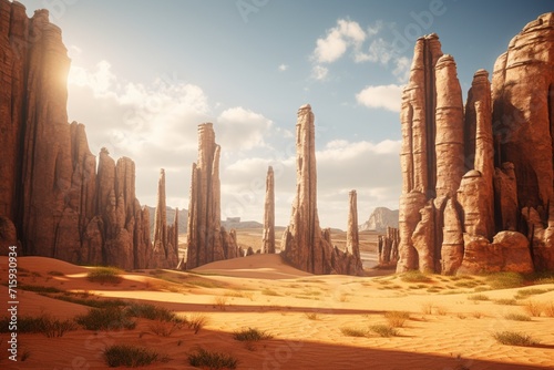 Mesmerizing Sunlit Sandstone Pillars Rising in a Desert Landscape.
