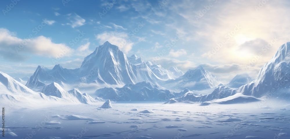 Mesmerizing sunlit snowfield glistening atop a remote and towering mountain.
