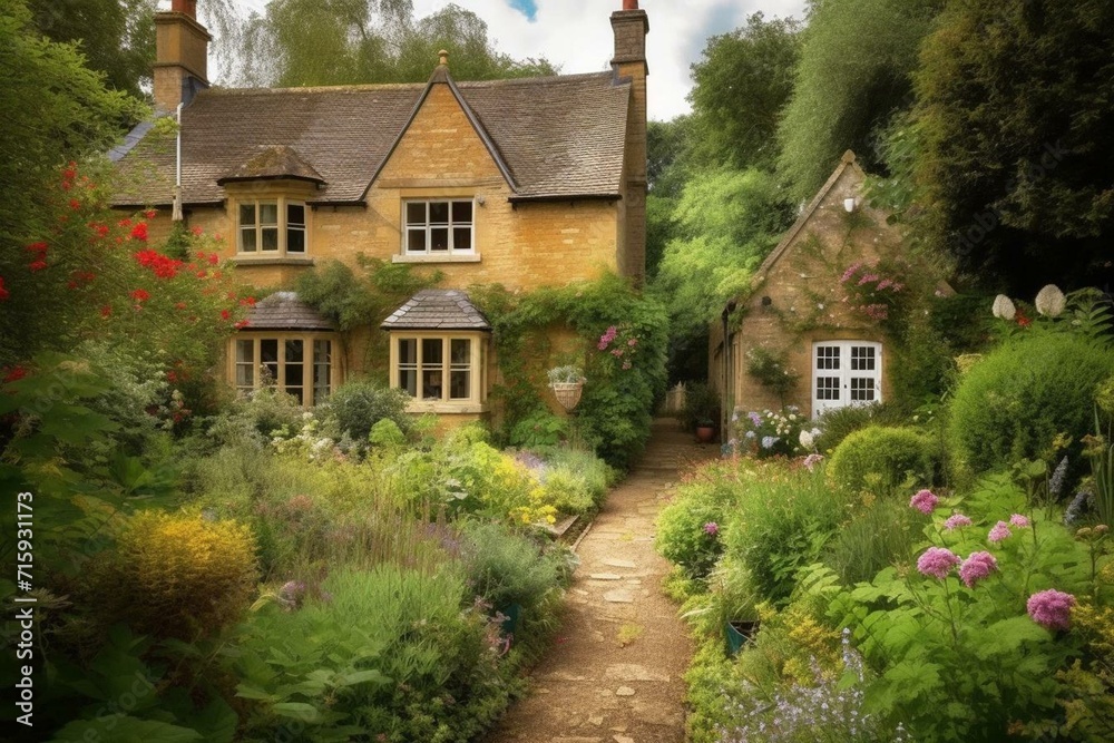 Charming home in a picturesque English garden. Generative AI