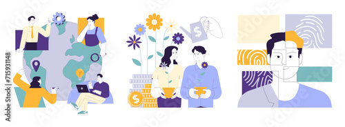 Social equity set. Civil society teamwork, environmental activism, and community engagement for better future and equal opportunities. Diversity and inclusion. Flat vector illustration