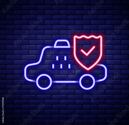Glowing neon line Taxi car insurance icon isolated on brick wall background. Colorful outline concept. Vector