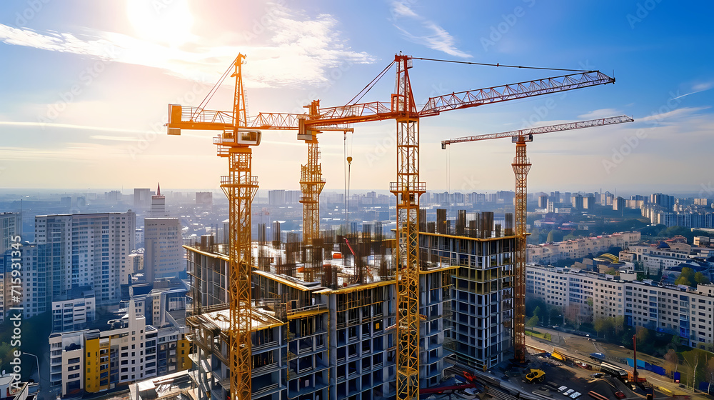 Large Construction Site with Multiple Cranes and Building Complex - obrazy, fototapety, plakaty 