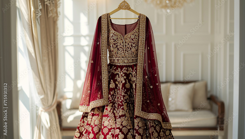Indian wedding dress. Bridal lehenga. Bollywood red with gold wedding attire on hanger in luxury interior background. Festive traditional outfit. Beautiful ceremony dress. Banner