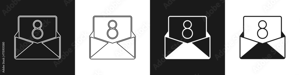 Set Envelope with 8 March icon isolated on black and white background. Message love. Letter love and romance. International Happy Women Day. Vector Set Envelope with 8 March icon isolated on black and white background. Message love. Letter love and romance. International Happy Women Day. Vector