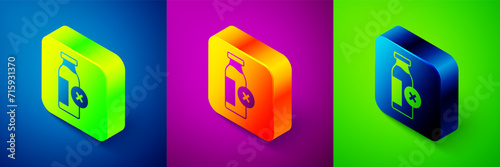 Isometric Lactose intolerance icon isolated on blue, purple and green background. Not allow milk. Allergy concept, lactose intolerance allergy warning sign. Square button. Vector