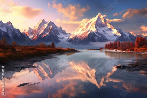 Mesmerizing Sunlit Water Reflections of Towering Snow-Capped Peaks.