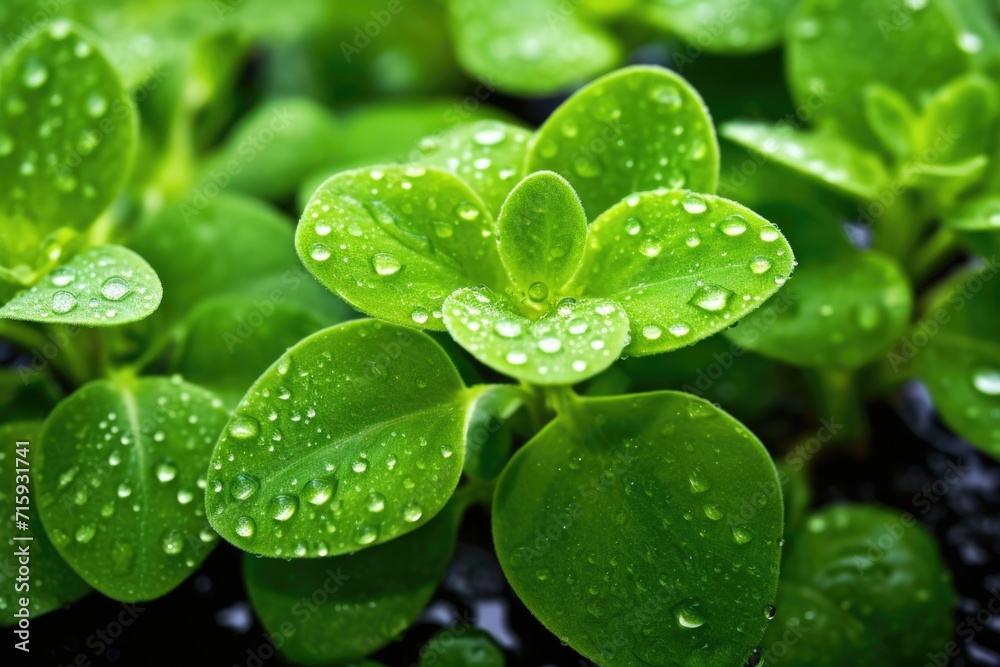 View from above, microgreen sprouts with dew drops on green leaves, Background plant leaves pattern macro top view View from above, microgreen sprouts with dew drops on green leaves, Background plant leaves pattern macro top view