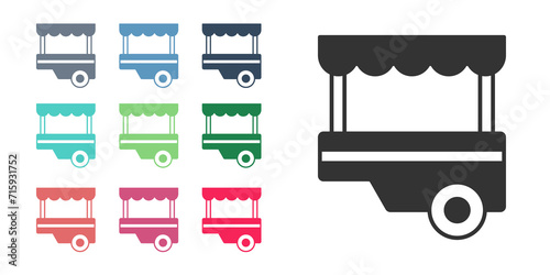Black Fast street food cart with awning icon isolated on white background. Urban kiosk. Set icons colorful. Vector