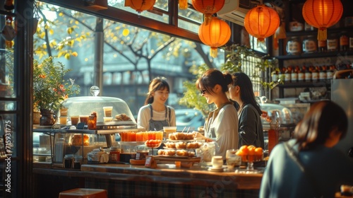 A casual lifestyle scene of friends sharing a variety of Eastern sweets at a cozy cafe decorated with hanging lanterns. Concept of socializing, cafe culture, casual dining, and friendly atmosphere. photo