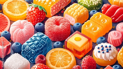 Assorted colorful fruit candies and berries. Eastern sweets. Concept of confectionery variety, fruity sweets, and dessert indulgence. photo