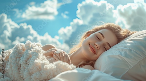 Young woman sleeping among cottony clouds, deep and restful sleep concept.