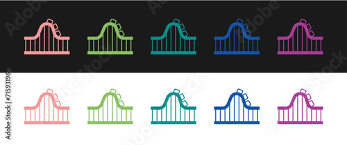 Set Roller coaster icon isolated on black and white background. Amusement park. Childrens entertainment playground, recreation park. Vector