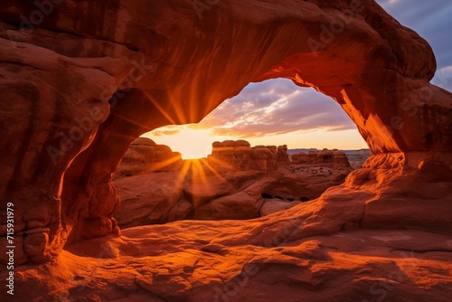 Mesmerizing Sunset Glow on Rocky Arch Formations in the Desert.