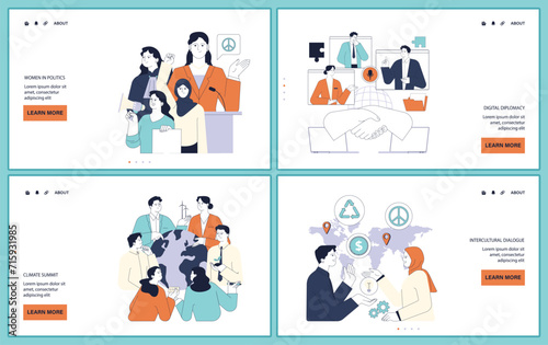 Political action web or landing set. Diverse people involved in global education, economic growth, environmental activism, democracy and diplomacy. Sustainable development. Flat vector illustration.
