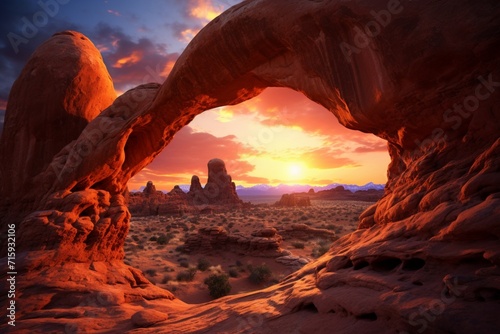 Mesmerizing Sunset Glow on Rocky Arch Formations in the Desert.