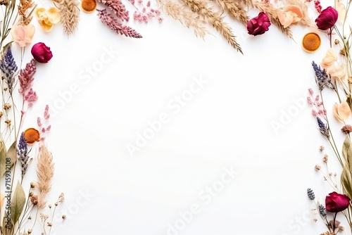 blank white paper frame border with dried flowers
