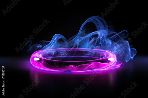 round transparent glass podium with texture of fiery magical neon transparent pink lava orange smoke. black backdrop