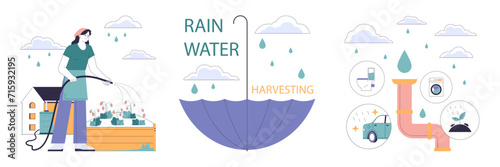 Rainwater harvesting set. Sustainable practice of urban water preservation and its use in gardening and farming. Natural water cycle. Flat vector illustration