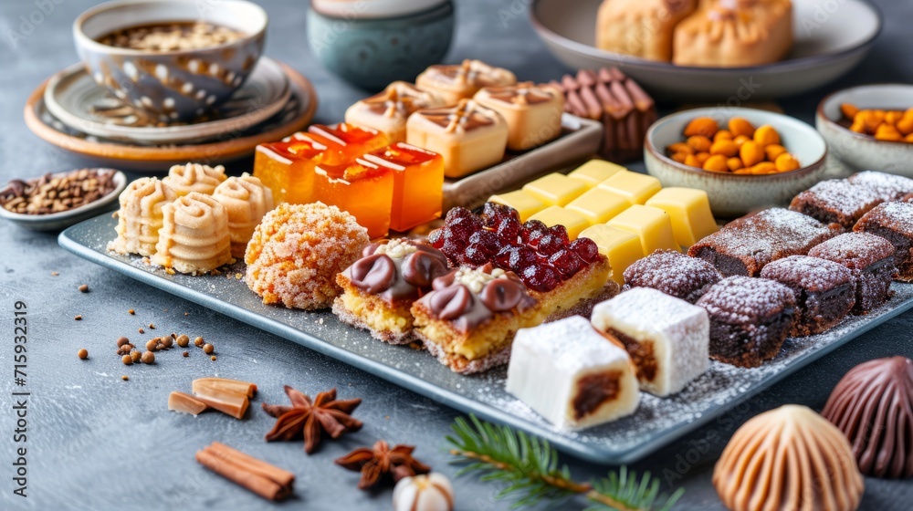 Assorted traditional eastern desserts, featuring a variety of flavors and toppings. Concept of Asian dessert variety, assorted pastry selection, sweet treat presentation, and culinary diversity. Assorted traditional eastern desserts, featuring a variety of flavors and toppings. Concept of Asian dessert variety, assorted pastry selection, sweet treat presentation, and culinary diversity.