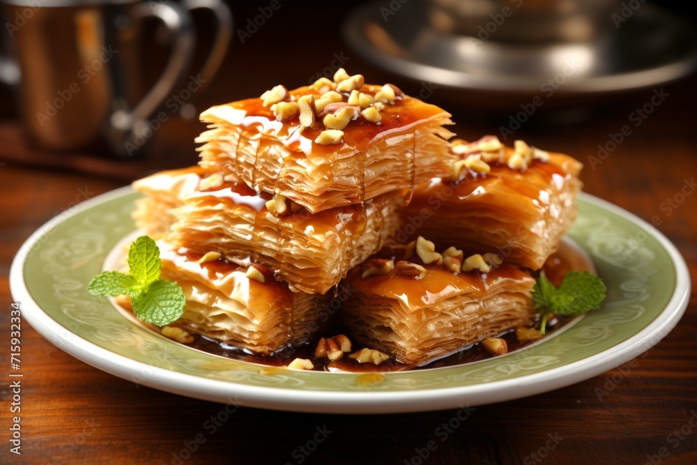 Sweet baklava dessert with honey glaze and nut garnish on an elegant plate. Concept of Mediterranean dessert, sweet pastry indulgence, honeyed nut baklava, and traditional gourmet treat.