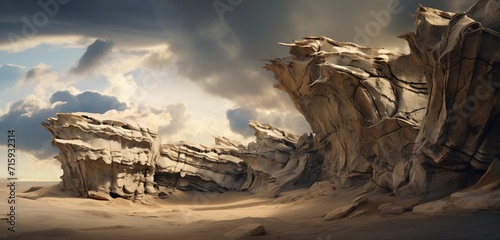 Mesmerizing surreal rock formations sculpted by wind and time beneath a cloud-streaked sky.