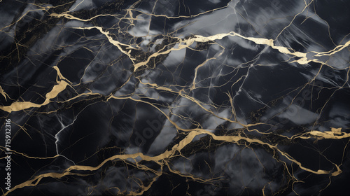 Expensive natural black marble solid surface textured background with gold stains top view close up.
