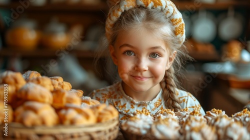 A young girl with a headband smiles in front of a display of pastries. Concept of childhood joy  bakery delights  sweet tooth moments  and playful innocence.