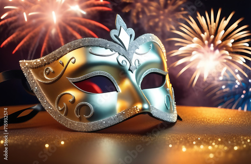 Carnival mask, colorful sparkles and fireworks on background 