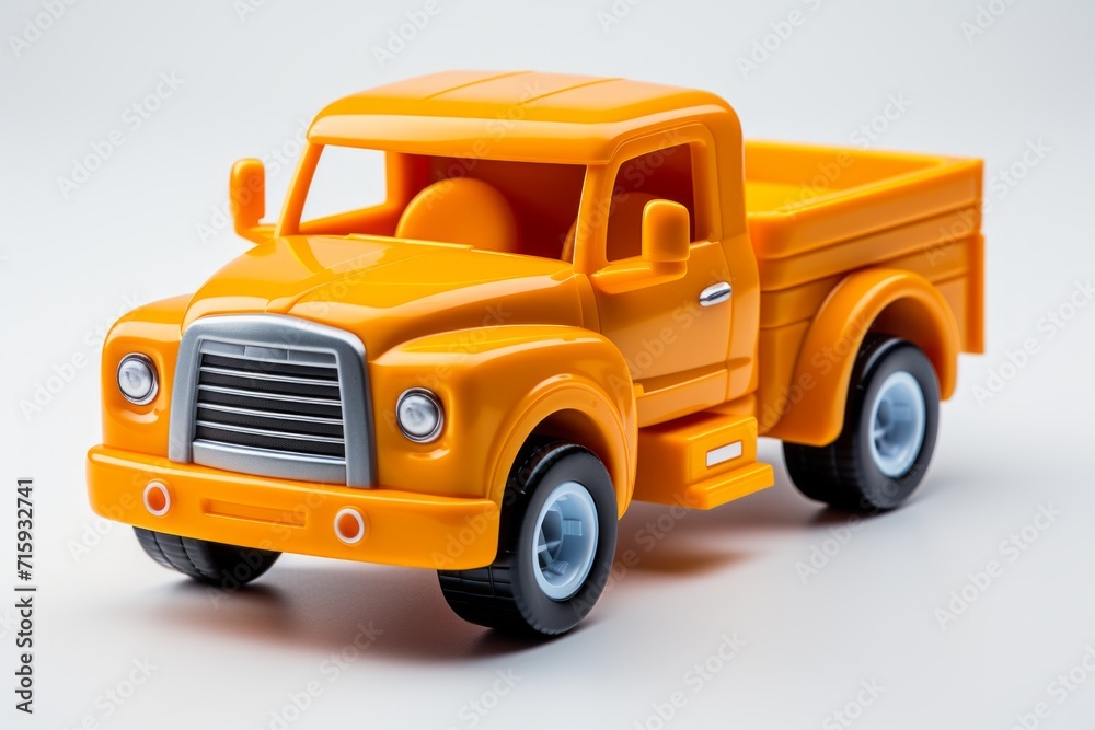 Orange toy truck isolated on a white background. Side view. Cartoonish childrens car. Concept of kids toys, playful designs, transport-themed playthings, and bright colors.