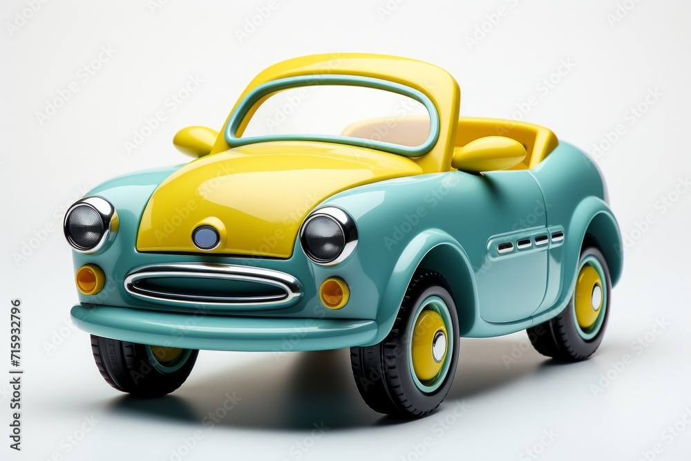 Futuristic green toy car isolated on a white background. Cartoonish vehicle designed for children. Concept of kids friendly toys, playful designs, transport-themed playthings, and bright colors