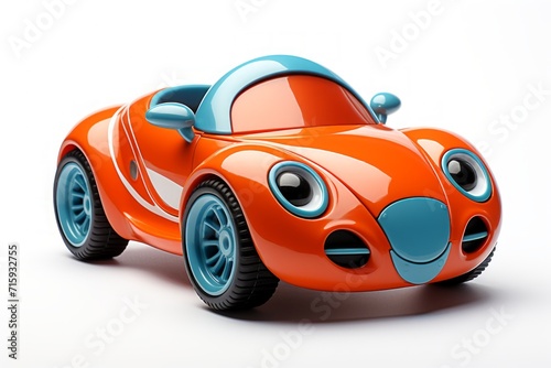 Fantasy red toy car isolated on a white background. Vehicle designed for children. Concept of kids friendly toys  playful designs  transport-themed playthings  and bright colors