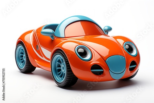 Fantasy red toy car isolated on a white background. Vehicle designed for children. Concept of kids friendly toys, playful designs, transport-themed playthings, and bright colors
