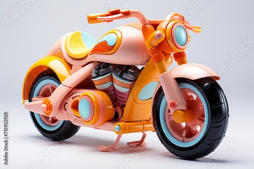 Futuristic toy motorbike isolated on a white background. Concept of kids friendly toys  transport-themed playthings  playful modern designs  and bright colors