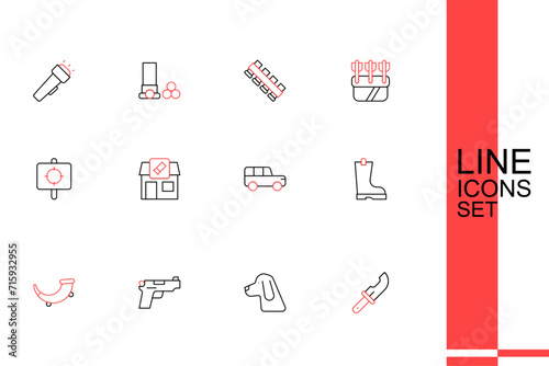 Set line Hunter knife, Hunting dog, Pistol or gun, horn, Waterproof rubber boot, Safari car, shop and Target sport icon. Vector