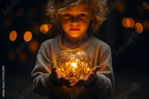 Child holding in hands glowing candle with a blurred bokeh background. Magical atmosphere. Suitable for holiday themes, Easter celebrations, religious, spiritual content, or candle safety awareness.