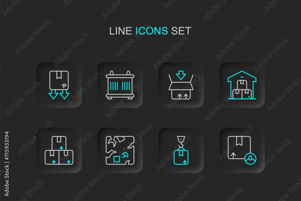 Set line Carton cardboard box, Crane with, Broken, Full warehouse, Container and Cardboard traffic symbol icon. Vector