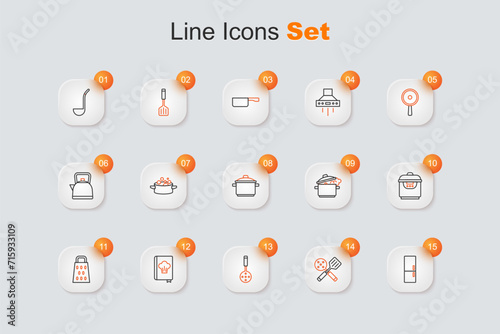 Set line Refrigerator, Spatula, Cookbook, Grater, Slow cooker, Cooking pot and icon. Vector