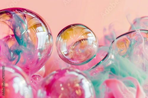 Abstract pink, beige and green background with bubbles. 