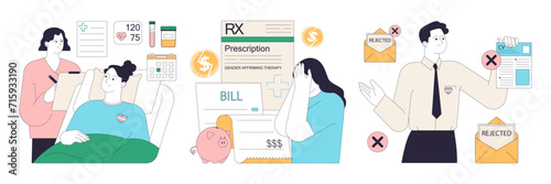 Gender transition consequences set. Gender-affirming therapy, positive and negative experience. Transgender person mental health, legalization, infertility and discrimination. Flat vector illustration
