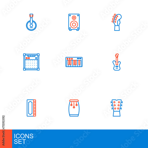 Set line Guitar neck, Conga drums, Harmonica, Electric bass guitar, amplifier, Music synthesizer, and Stereo speaker icon. Vector