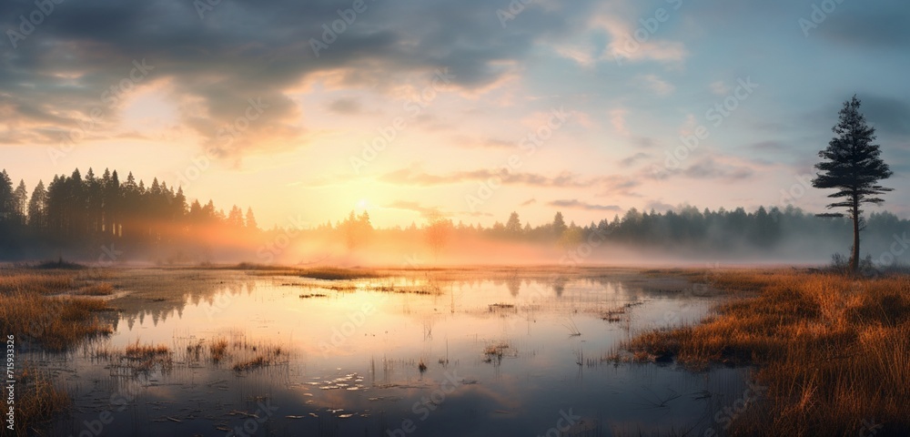 Mesmerizing tranquil marshland at sunrise with mist rising above the still waters.
