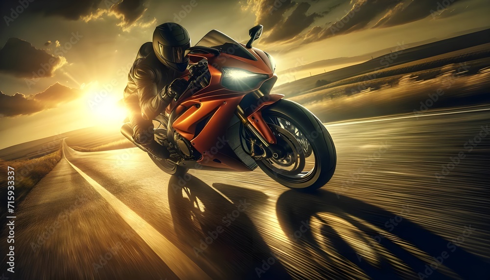 
A motorcyclist in full gear leans into a high-speed turn on a sport motorcycle, racing along a sunlit road stretching into a vast open landscape.