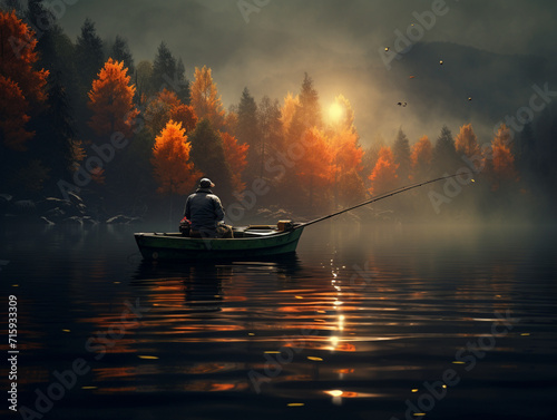 man fishing in the morning in a boat in autumn, autumn, fishing, lake, man, created with Generative AI technology