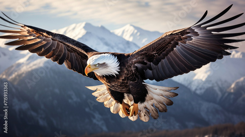 Breathtaking Shot of a Bald Eagle in Flight Soaring on a Snow Mountain Background